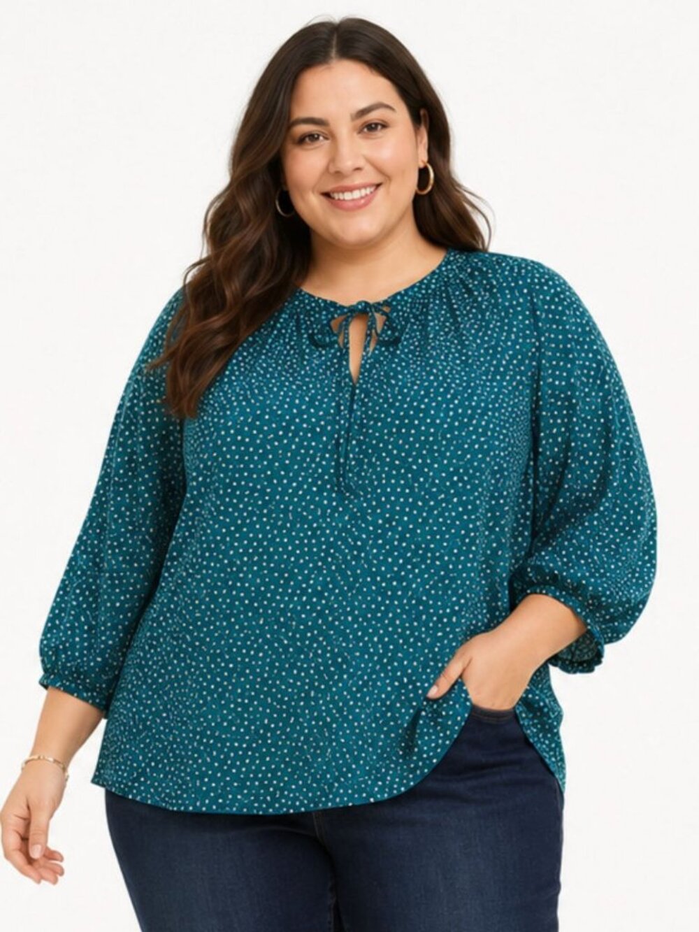Torrid Womens 5 5X Teal Polka Dot Tie Neck Blouse Georgette 3/4 Sleeve Plus Size